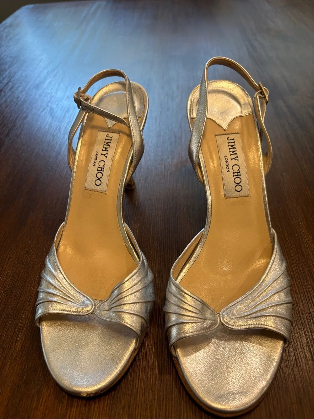 Jimmy Choo Metallic Silver Peep-Toe Slingback Heels